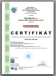 Úspěšná opakovaná certifikace systému environmentálního managementu dle ČSN EN ISO 14001:2016 na betonárně Praha – Horní Měcholupy.