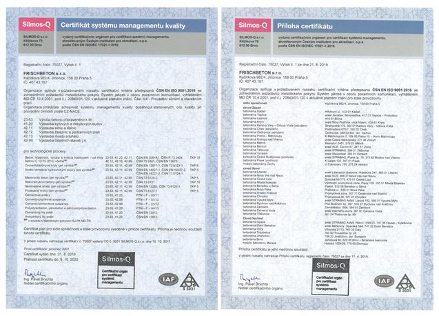 Společnost FRISCHBETON s.r.o. opět obhájila certifikát systému managementu kvality podle ČSN EN ISO 9001:2016
